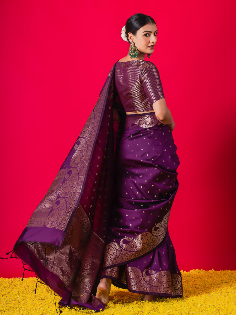 The Royal Purple Muga Silk Saree With Blouse Fabric Triyah