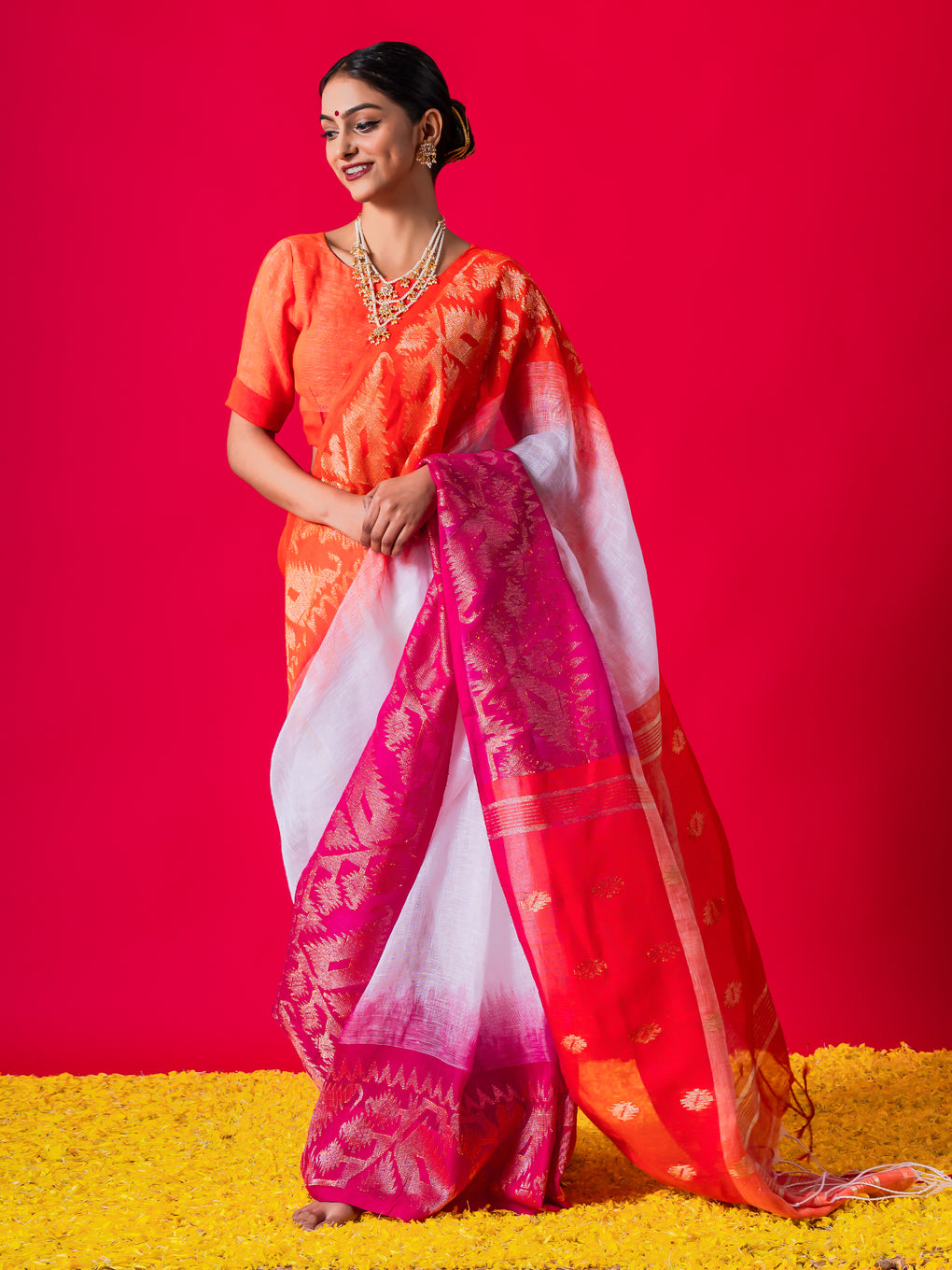 Buy White-Orange Colour Kota Doria Saree (Without Blouse) 15525 |  www.maanacreation.com