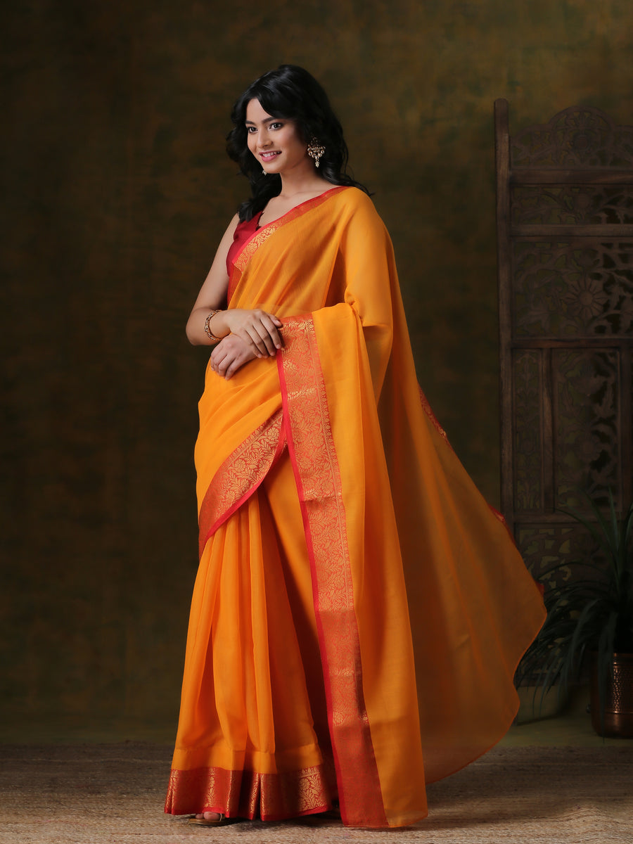 Orange Cotton Saree With Red Gold Border – Triyah